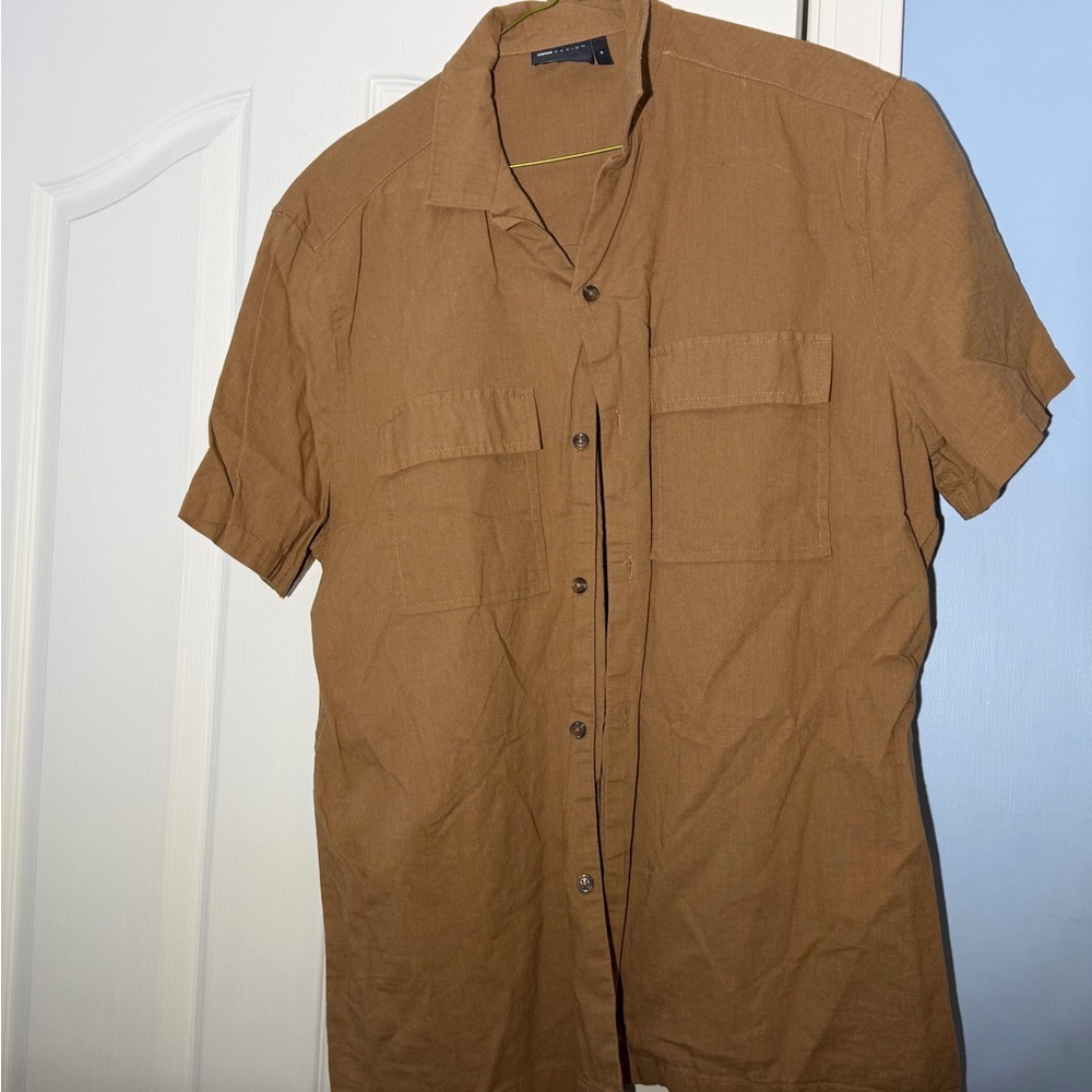ASOS Short-Sleeve Cotton-Linen Button-Down Shirt in Caramel Brown